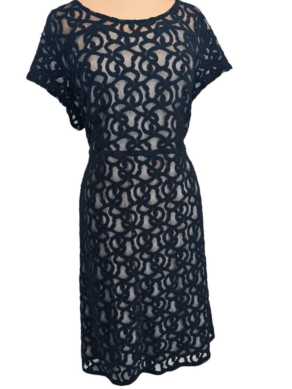 Black embroidered lace over lay nude illusion midi formal dress plus size
